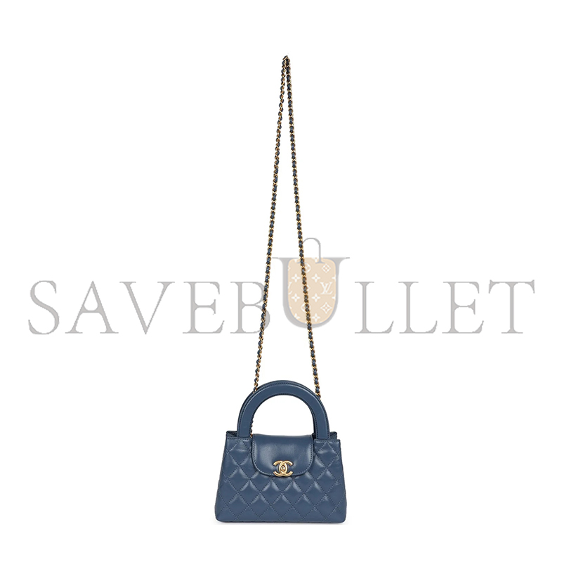 Ch*el master kelly shopper blue shiny calfskin brushed gold hardware as4416 (19*13*7cm)